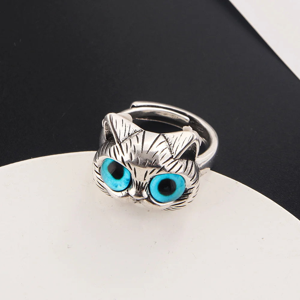 Fashion Silver Color Fat Cat Blue Eyes Cute Ring For Men Retro Blue Acrylic Couple Ring Women Party Jewelry Wholesale