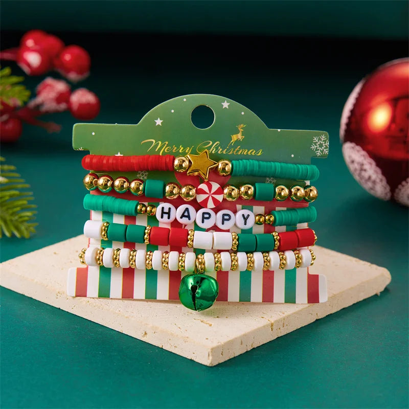 5Pcs Multilayer Beaded Bracelet Set For Women Multicolor Rice Beads Christmas Tree Santa Claus Snowman Bangle New Year Jewelry