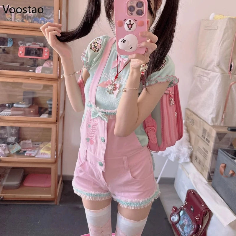 Japanese Kawaii Lolita Style Shorts T-Shirt Sets Women Sweet Cute Bow Cartoon Embroidery Tees Overalls Short Pants Y2k Outfits - Madeinsea©