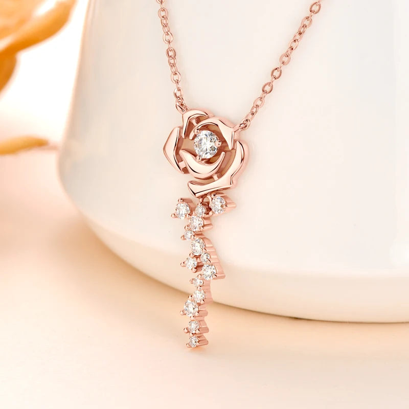OXTAO Rose Moissanite Jewelry Set 925 Sterling Silver Retro Classic Rose Gold Pendant Necklace Boutique Jewelry Gift with Certif
