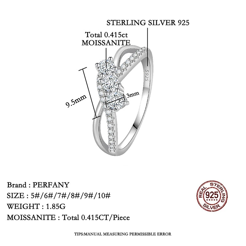 PERFANY Moissanite Ring for Women S925 Pure Silver Double Layer Geometric Design Laboratory Diamond Wedding Ring Fashion Jewelry