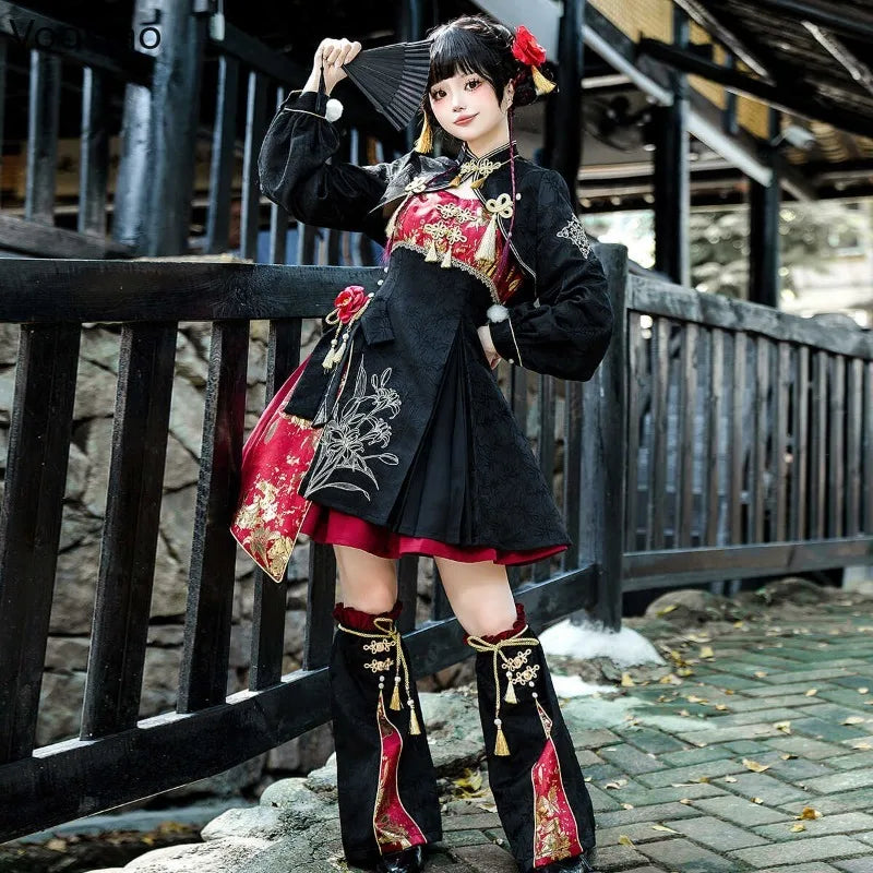 Chinese Style Gothic Lolita Dress Women Punk Style Sweet Black Red Eveing Party Dresses Harajuku Y2k Cosplay Princess Mini Dress