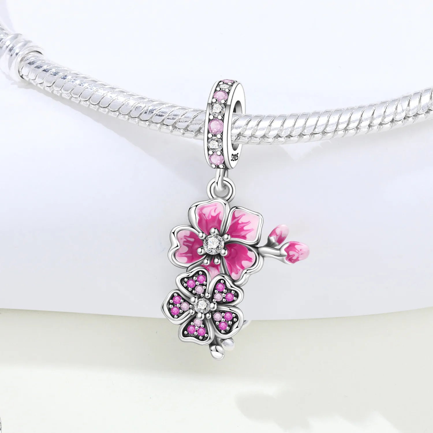PANPOKI 925 Sterling Silver Pink Cherry Blossom Flower Beads Original Pendants Bracelet Charm Jewelry Party DIY Trendy Gifts