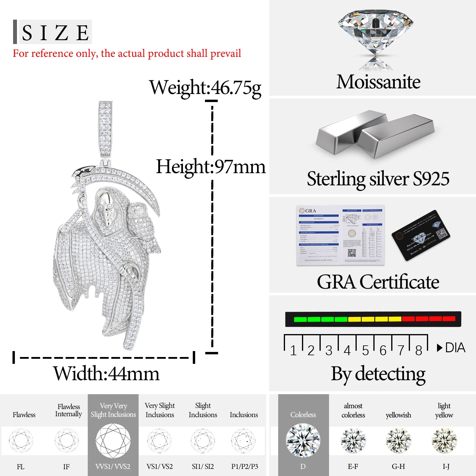 Pendentifs unisexes TUHE de haute qualité en moissanite D VVS sertis de pierres, style fantôme, bijoux hip-hop pour hommes