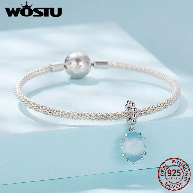 WOSTU 925 Sterling Silver Blue Crystal Sugar Pendant Charms For Bracelet Necklace Best Birthday Jewelry Gift Oval Cut Necklaces