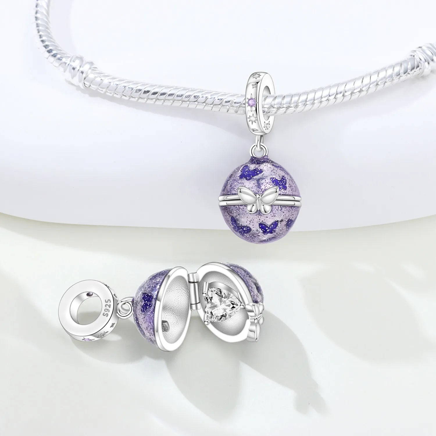 PANPOKI 925 Sterling Silver Purple Butterfly Love Planet Beads Original Pendants Bracelet Charm Jewelry Party DIY Trendy Gifts