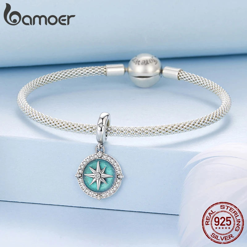 Bamoer 925 Sterling Silver Compass Pendant Enamel Blue Full Circled Zircon Beads for Women DIY Necklace Accessories Crystal Gift
