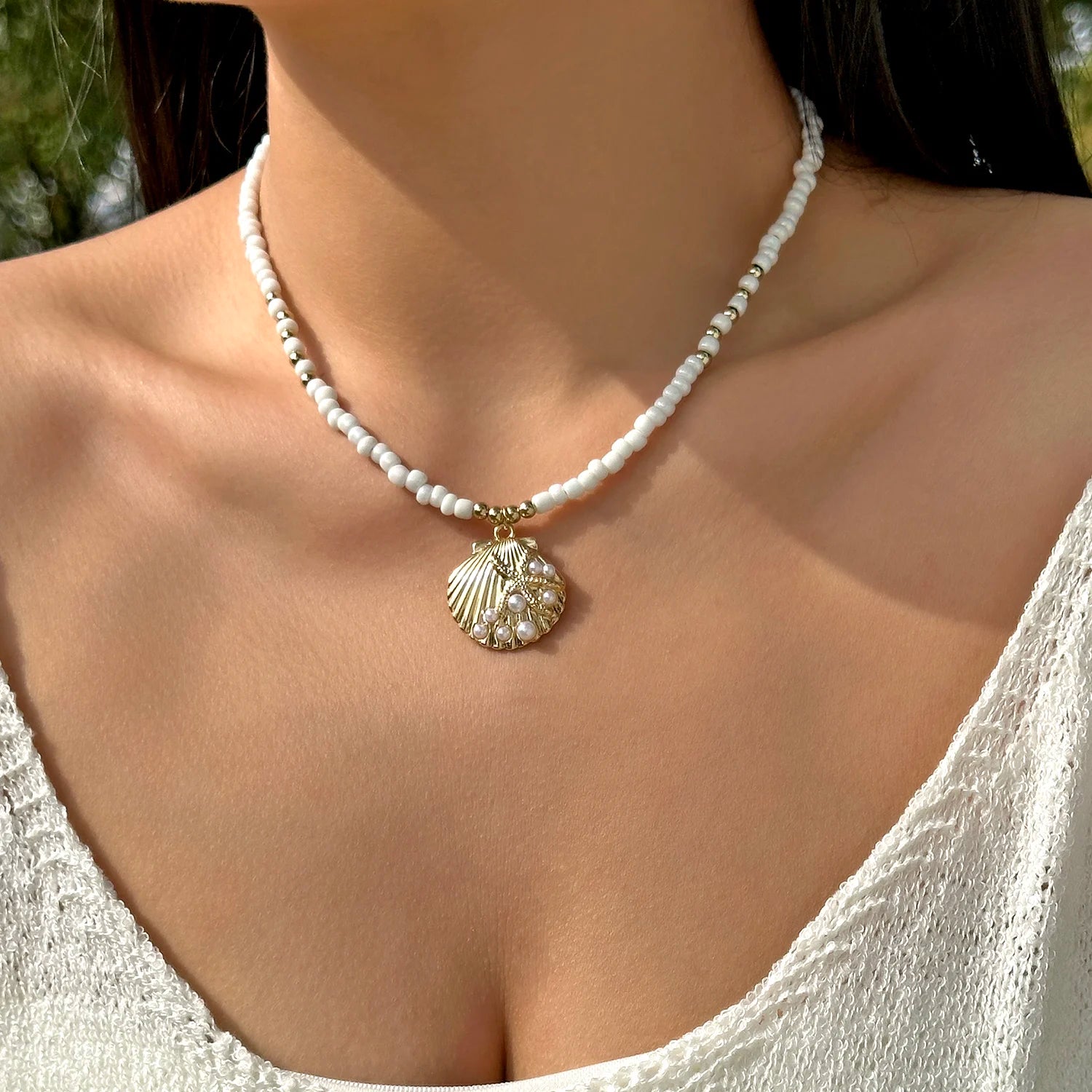 Simple Colorful Ceramic Fish Irregular Stone Beaded Necklace For Women Conch Starfish Shell Pendant Rice Beads Choker Jewelry