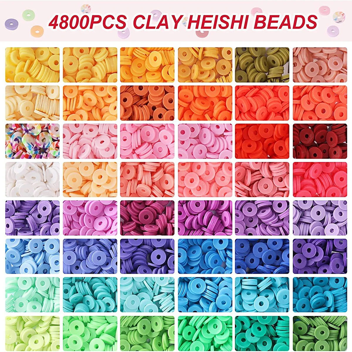 4800pcs Clay Beads for Bracelet Making Kit, 48 Colors Flat Round Clay Beads for Jewelry Making Kit, for Girls 8-12, Preppy, Gift