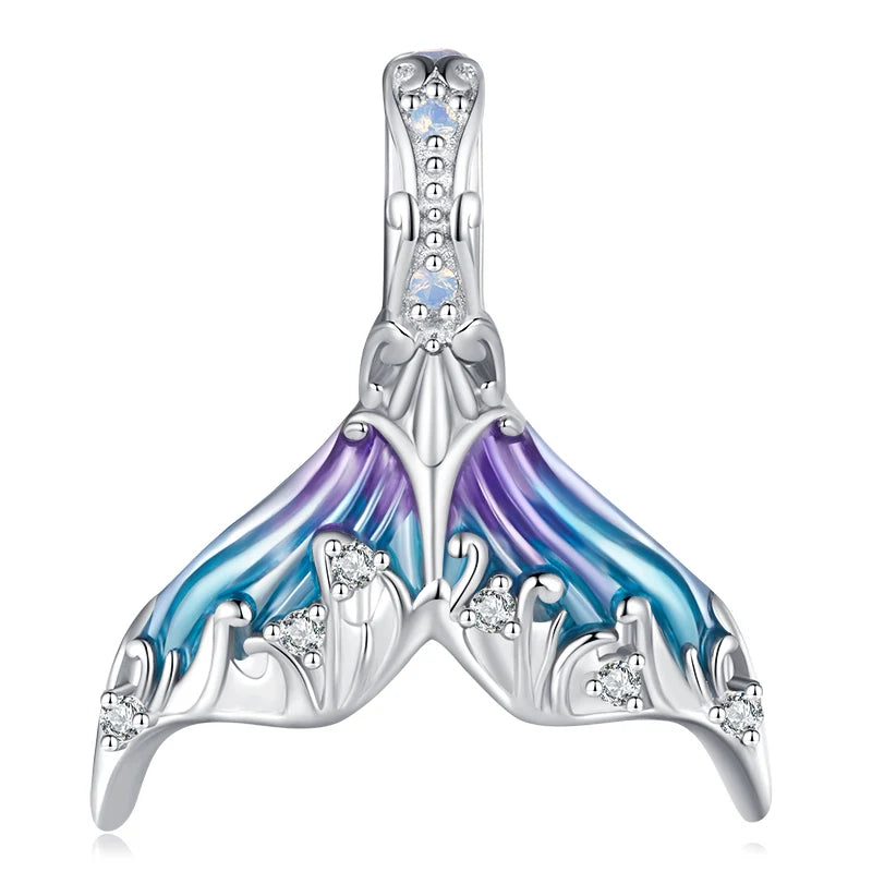 BISAER 925 Sterling Silver Ocean Dreamy Mermaid Charm Bead Rainbow Fishtail Crystal Pendant Fit Women DIY Bracelet Fine Jewelry