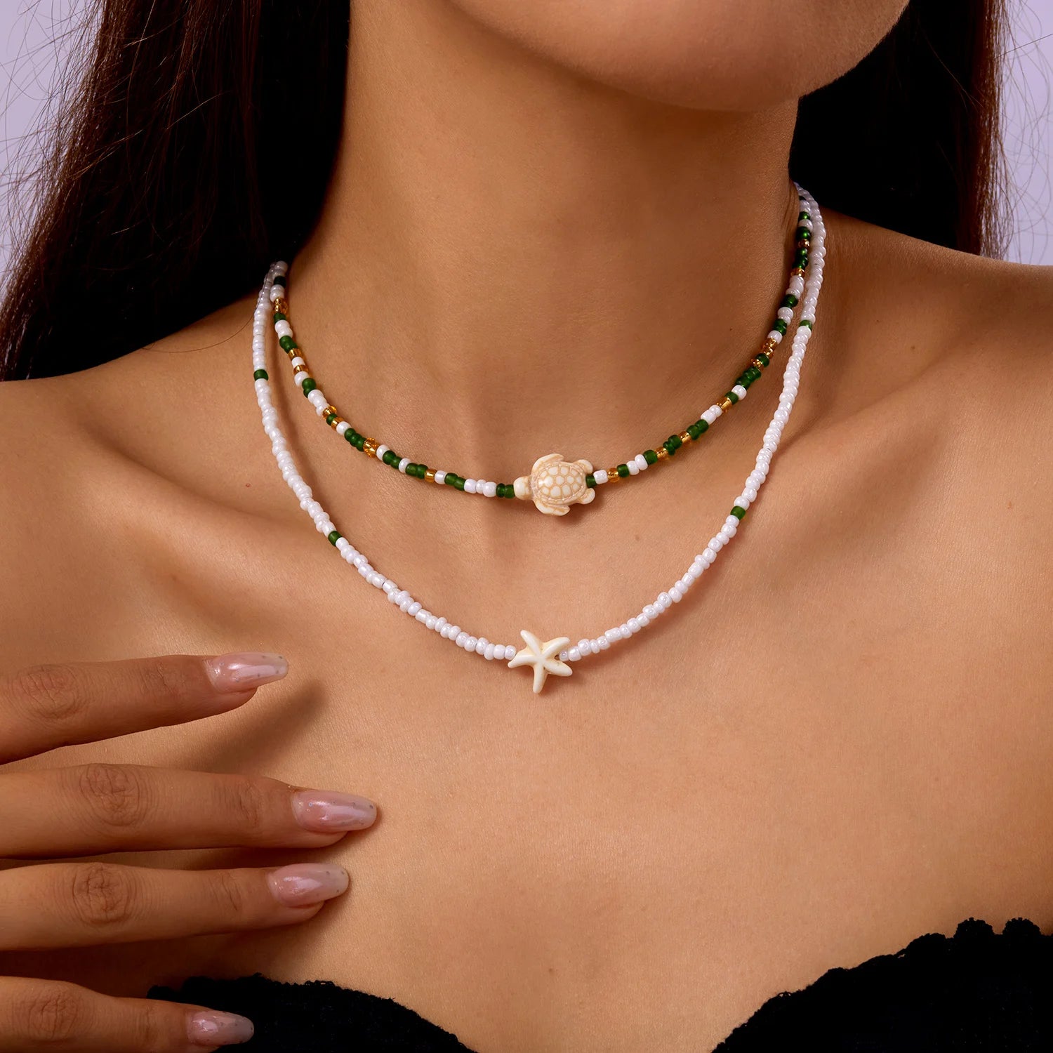 Boho Bohemian Sea Shell Starfish Pendant Necklaces For Women Double Layered Tortoise Imitation Pearl Bead Chain Beach Jewelry