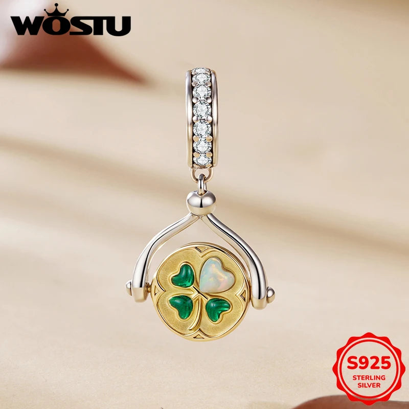 WOSTU 925 Sterling Silver Tow Tone DIY Bee Pendant Lucky Four-Leaf Clover Charm Colorful Leaves Bead Fit Original Bracelet Neck