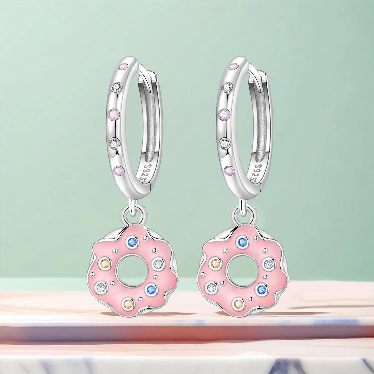 PANPOKI 925 Sterling Silver Pink Donut Delicacies Drop Earrings Women Earrings Charm Fashion Versatile Party Jewelry Gifts