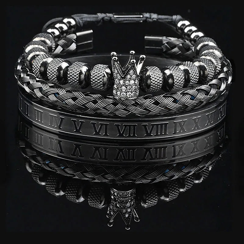 Luxury Black Stone Beads Leopard Head Man Bracelet Enamel Stainless Steel Roman Bangles Women Jewelry Set