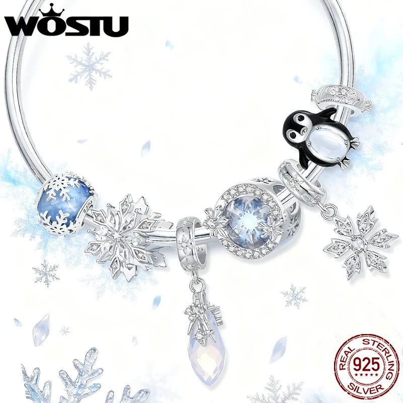WOSTU 925 Silver Winter Snowflake Charm Penguin Pendant Blue Murano Glass Bead Fit DIY Bracelet Necklace Jewelry Making DIY Gift