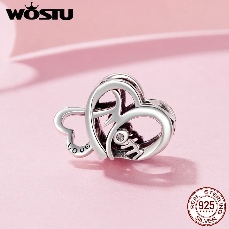 WOSTU Mother Day Gift 925 Sterling Silver Baby Foot Charm Letter Mom Love Beads Red Heart Pendant Fit DIY Bracelet Necklace