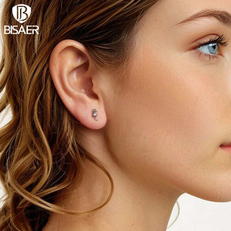 BISAER 925 Sterling Silver Mini Seahorse Stud Earrings Marine Animals Stud Ear for Women & Girls Party Fine Jewelry Holiday Gift