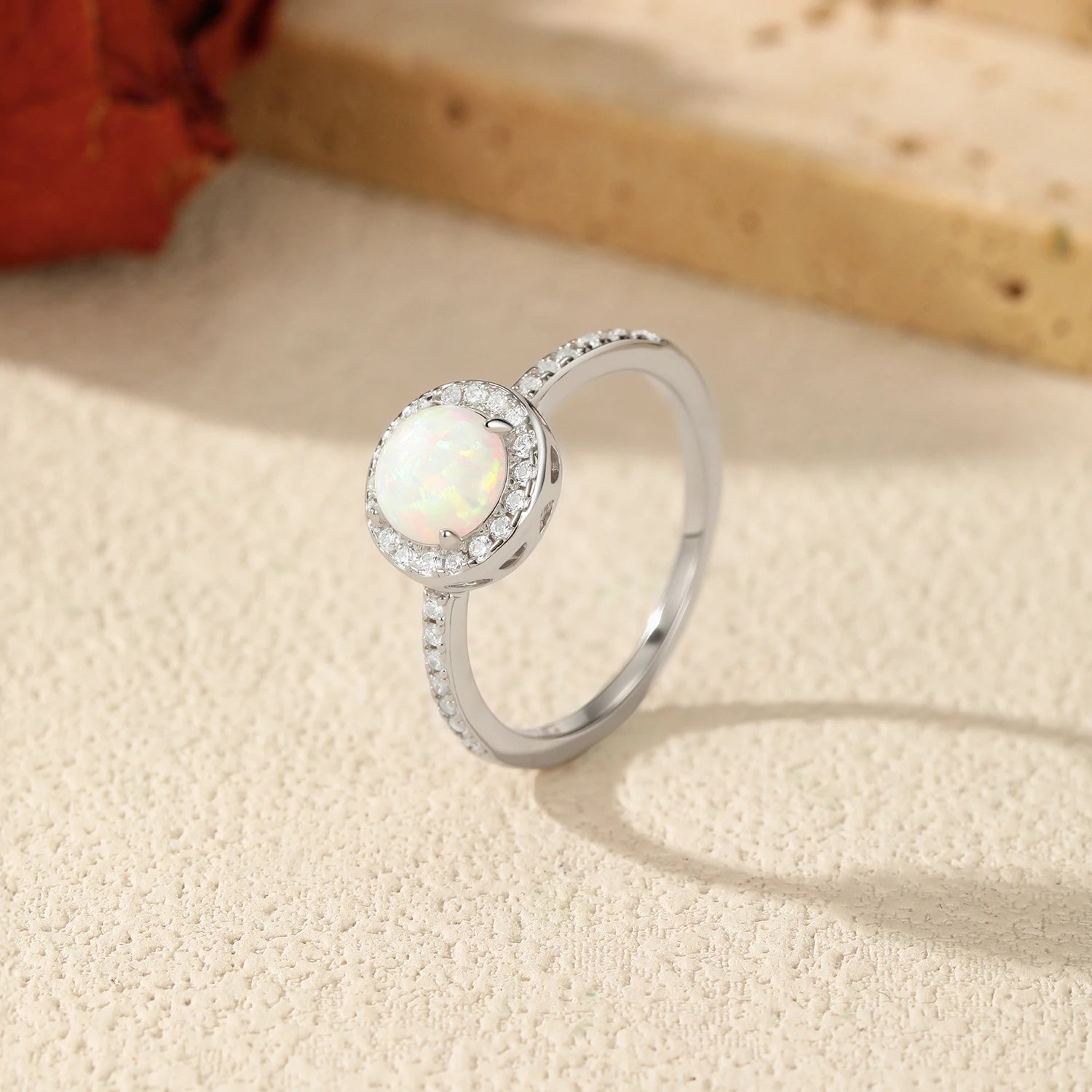 MODIAN Hepburn Style Jewelry Sets 925 Sterling Silver Elegant Round Opal Stud Earrings Thin Finger Rings For Women