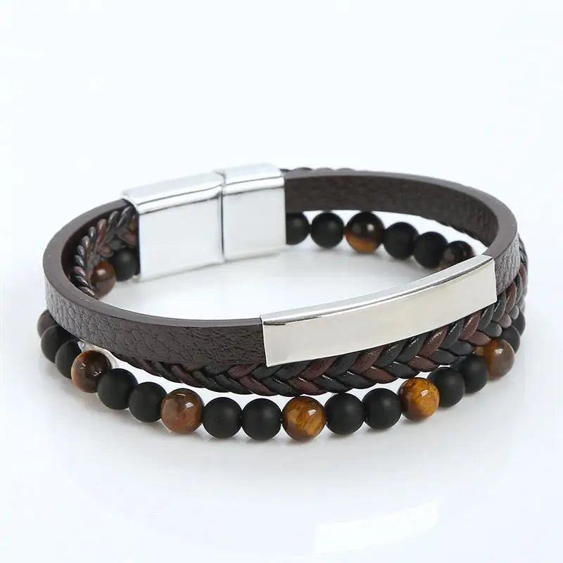 Fashion Cross Charm Mutilayer Leather Bracelet with Stainless Steel Clasp Men Punk Beaded Leather Bracelet For Men Jewelry Gift