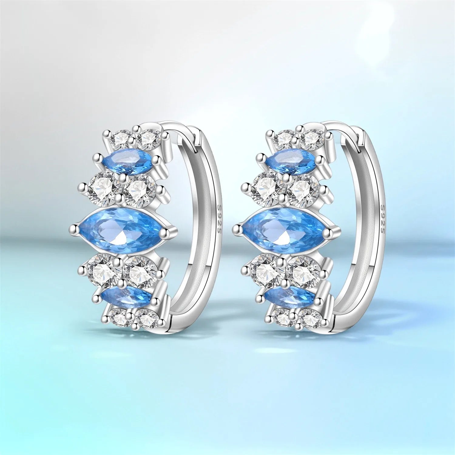 PANPOKI S925 Sterling Silver Minimalist Blue Zircon Earrings Hoop Earrings For Women Jewelry Original Party Trendy Gifts
