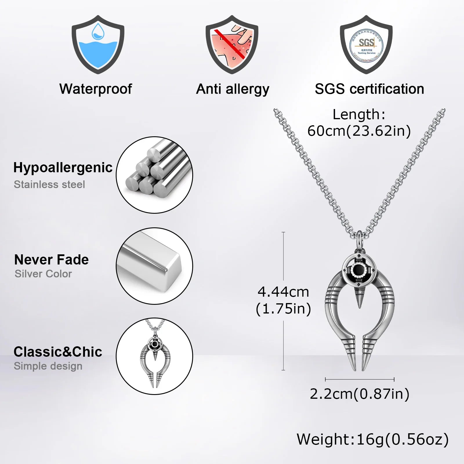 Collier Vnox Nordic Viking Symbol avec chaîne à maillons carrés, pendentif gothique en zircone cubique noire, bijou protecteur à offrir