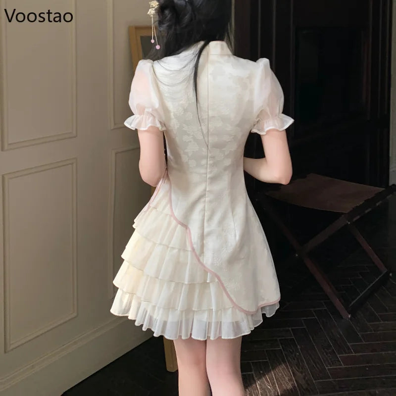 Sweet New Chinese Style Vintage Mini Dress Women Elegant Bow Mesh Jacquard Patchwork Party Dresses Female Casual Slim Cheongsam