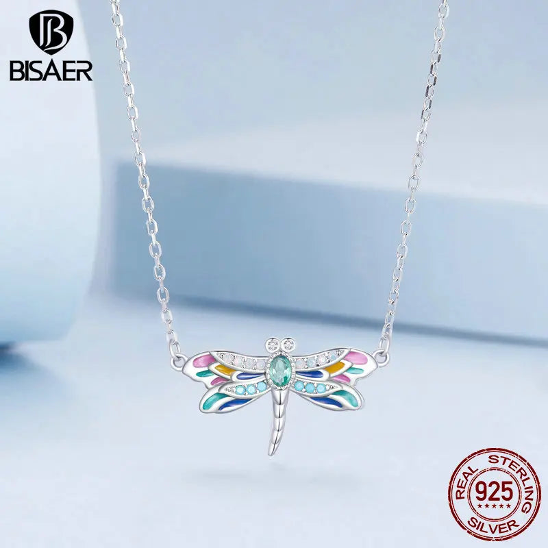 BISAER 100% 925 Sterling Silver Dragonfly Pendant Necklace Animal Enamel Process Plated Platinum Fine Jewelry for Women Party