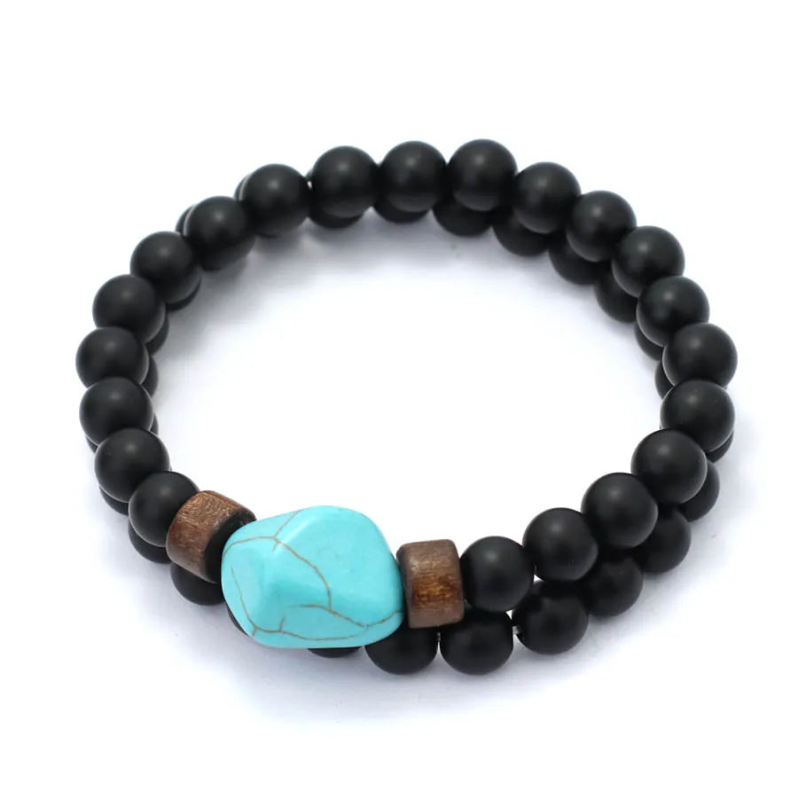 Stylish 2Pcs Men Bracelet Set Irregular Natural Turquoise Stone Strand Braslet Volcanic Rock Healing Braclet Leisure Pulseira
