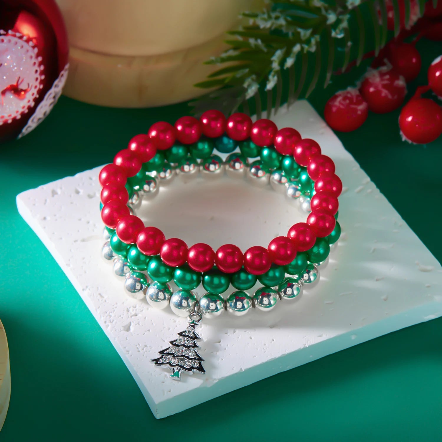 3Pcs Christmas Bracelet Set For Women Colorful Beaded Santa Claus Xmas Tree Snowflake Snowman Pendant Bracelets Festival Gifts