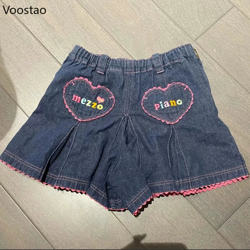 Japanese Kawaii Lolita Style Denim Skirt Women Sweet Cartoon Bunny Embroidery Mini Skirts Y2k Aesthetic Cute Party Short Skirt
