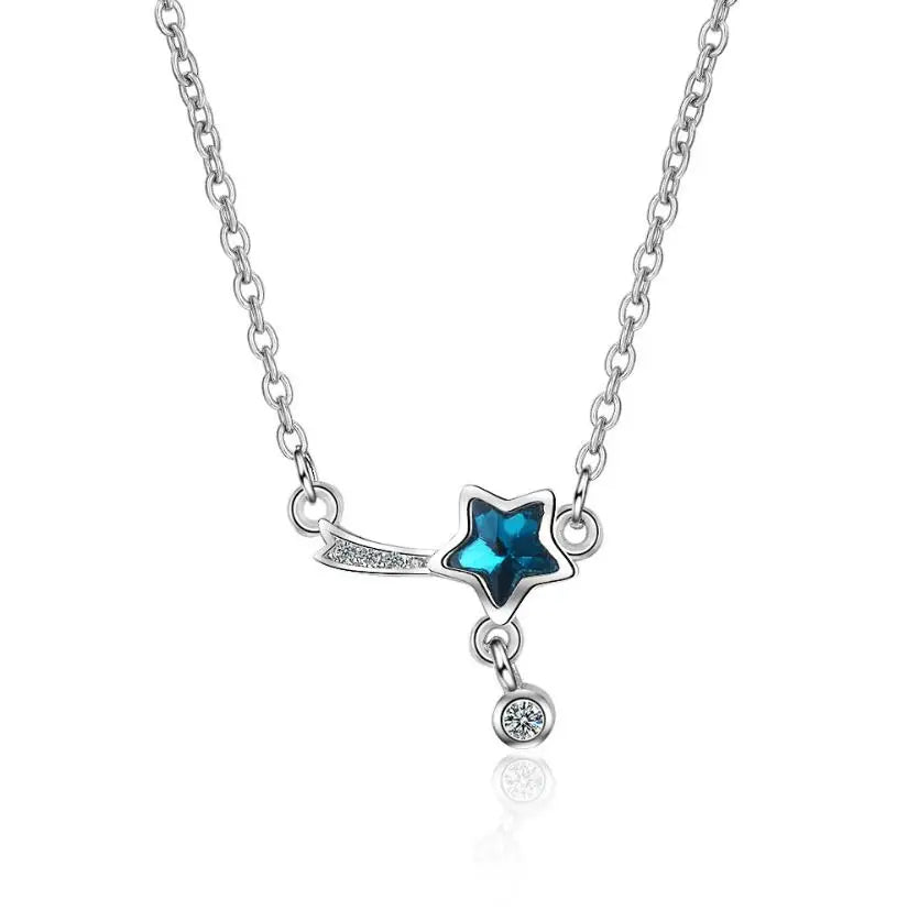 100% 925 Solid Sterling Silver Necklace Women Girl Sweet Star Blue CZ 40cm Short Clavicle Necklace For Teen Jewelry DS981