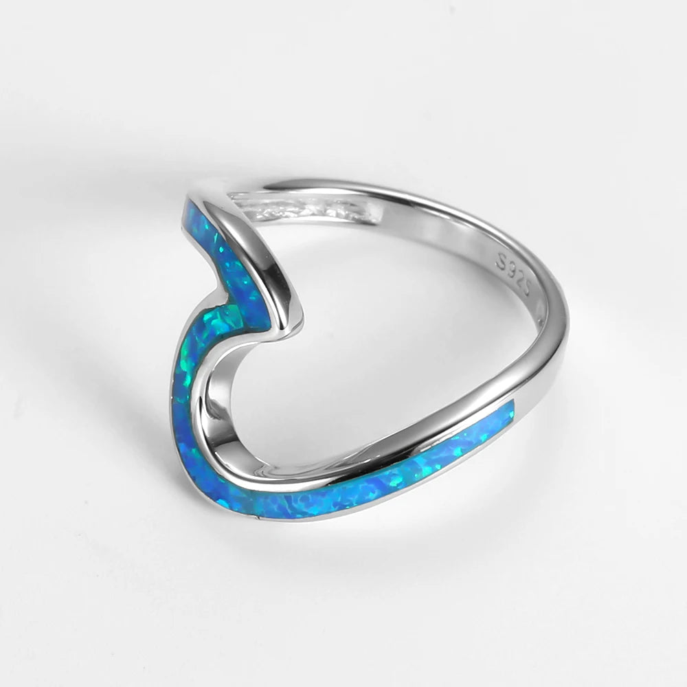 925 Sterling Silver Blue Opal Ocean Wave Ring - Madeinsea©