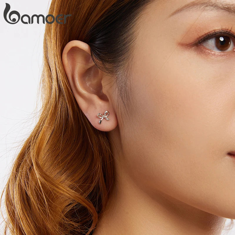BAMOER Solid 925 Sterling Silver Bow Stud Earrings for Women Teens, White Gold Plated Small Ribbon Bowknot Stud Earrings SCE1838