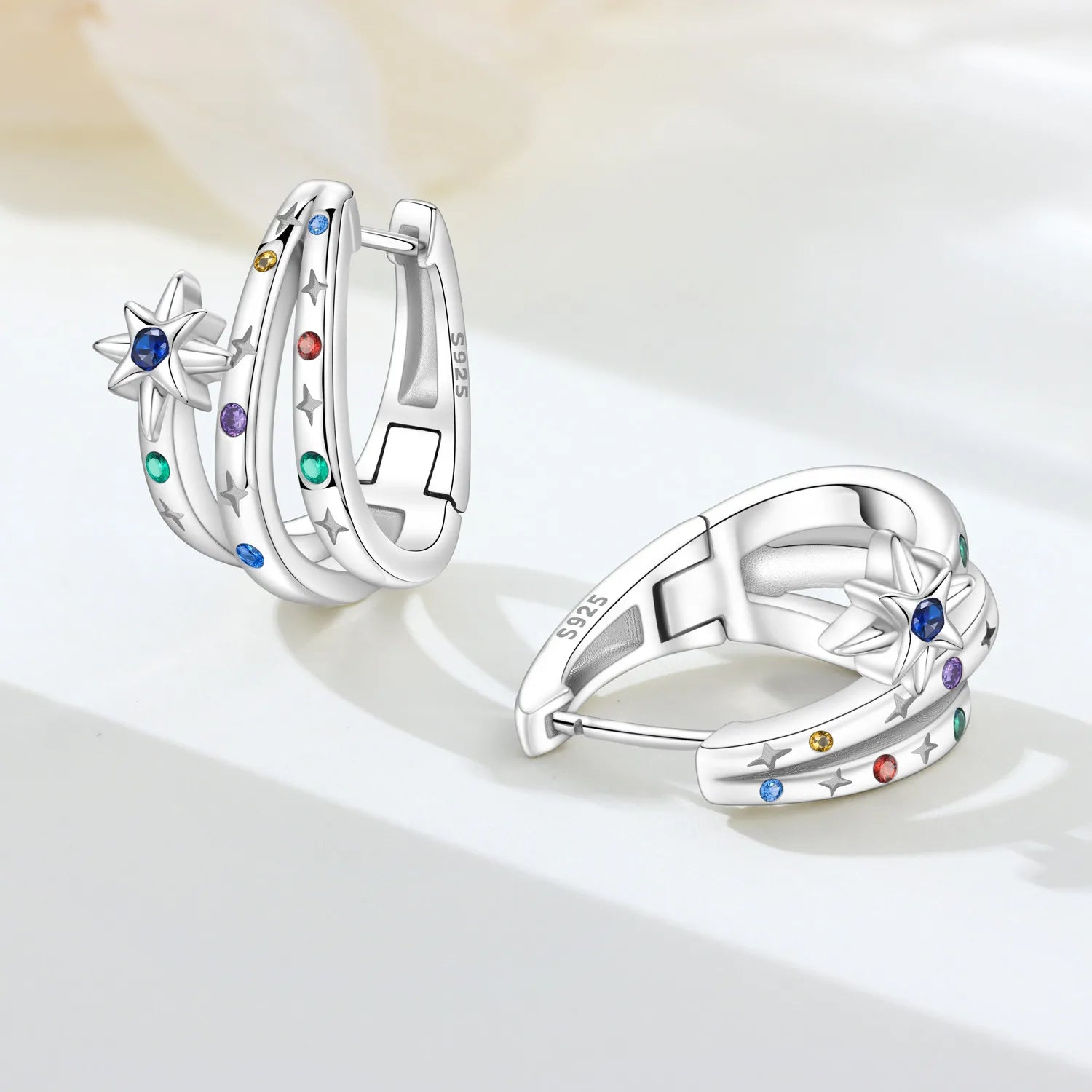 PANPOKI Original 925 Sterling Silver Double Circle Colored Starry Sky Earrings Women Hoop Earring Anniversary Jewelry Gifts
