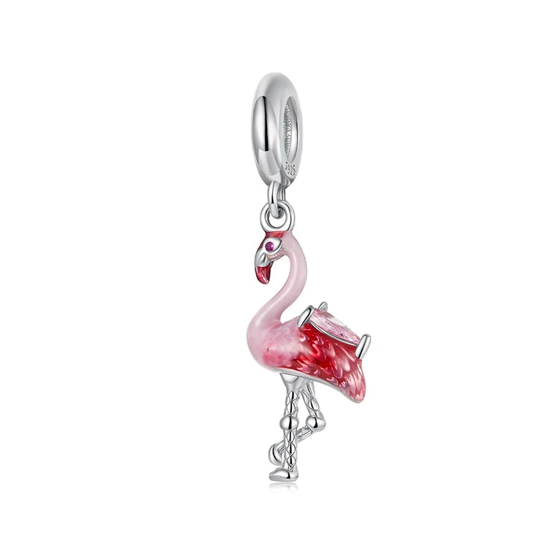 WOSTU Solid 925 Sterling Silver Flamingo Pendant Red Bird Charm Fit DIY Bracelet Necklace Summer Beach Jewelry Series