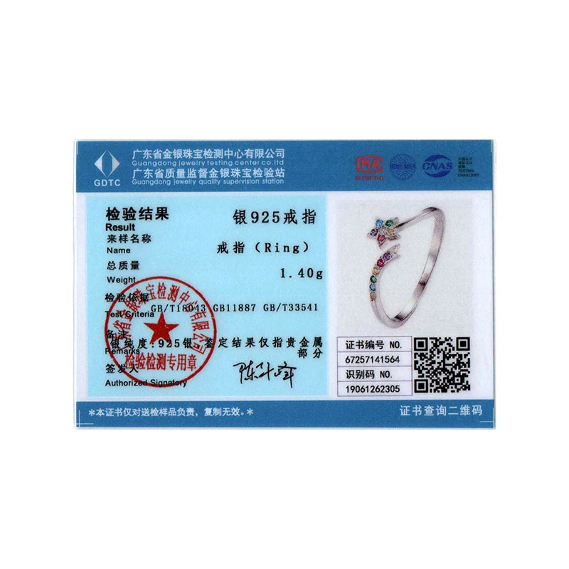 BISAER 925 Sterling Silver Colorful Shooting Star Open Ring Stars Statement Band Adjustable for Women Party Fine Jewelry Gift