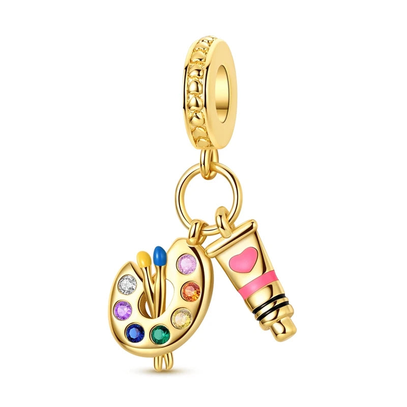 925 Sterling Silver Golden Charms CZ Zirconium Luggage Cross Traveling Dangle Bracelet DIY Jewelry Gifts for Women