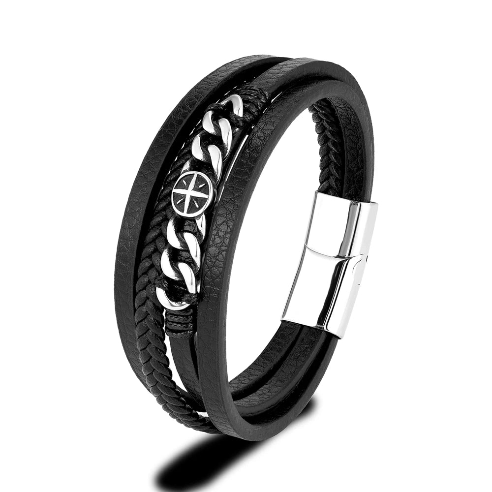 MKENDN Fashion Viking Handwoven Leather Bracelet Stainless Steel Clasp Multilayer Cufflinks Bracelet Men's Punk Rock Jewelry