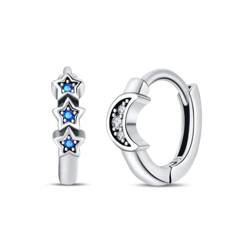 Classic Earrings 925 Silver Zircon Shiny Stars Moon Warm Sun Double Hoop Earrings For Women Original Birthday Party Jewelry Gift