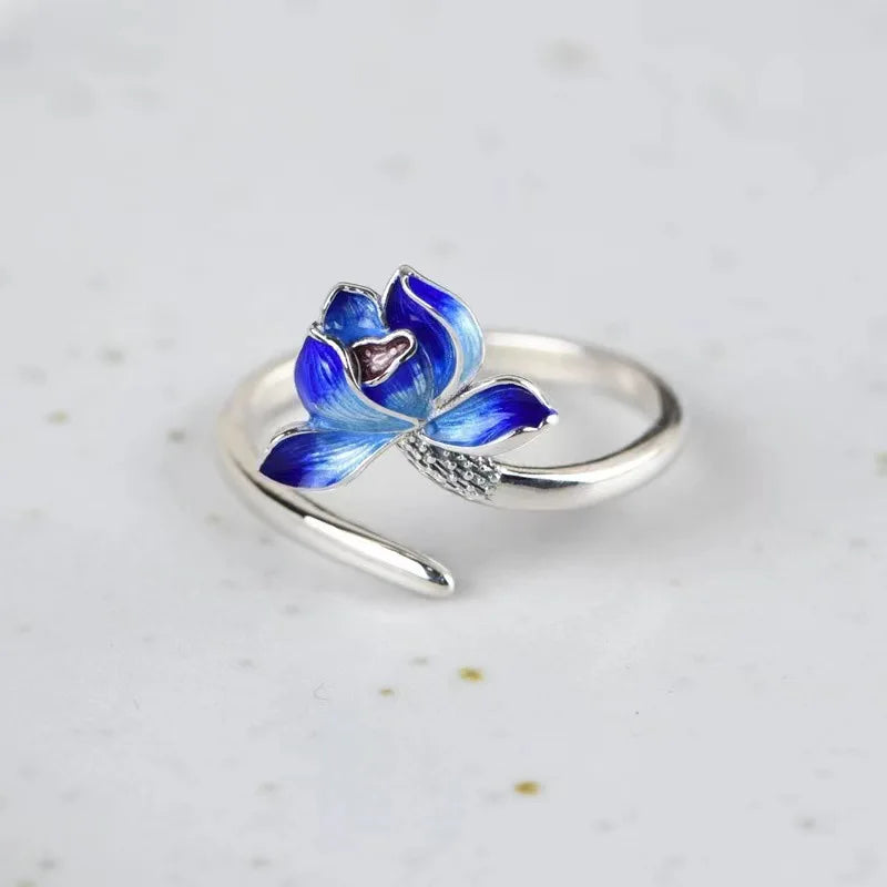 Retro Chinese Cloisonne Lotus Flower Ring For Women Punk Gothic Vintage Open Ring Handmade Designer Jewelry Unisex Accessories