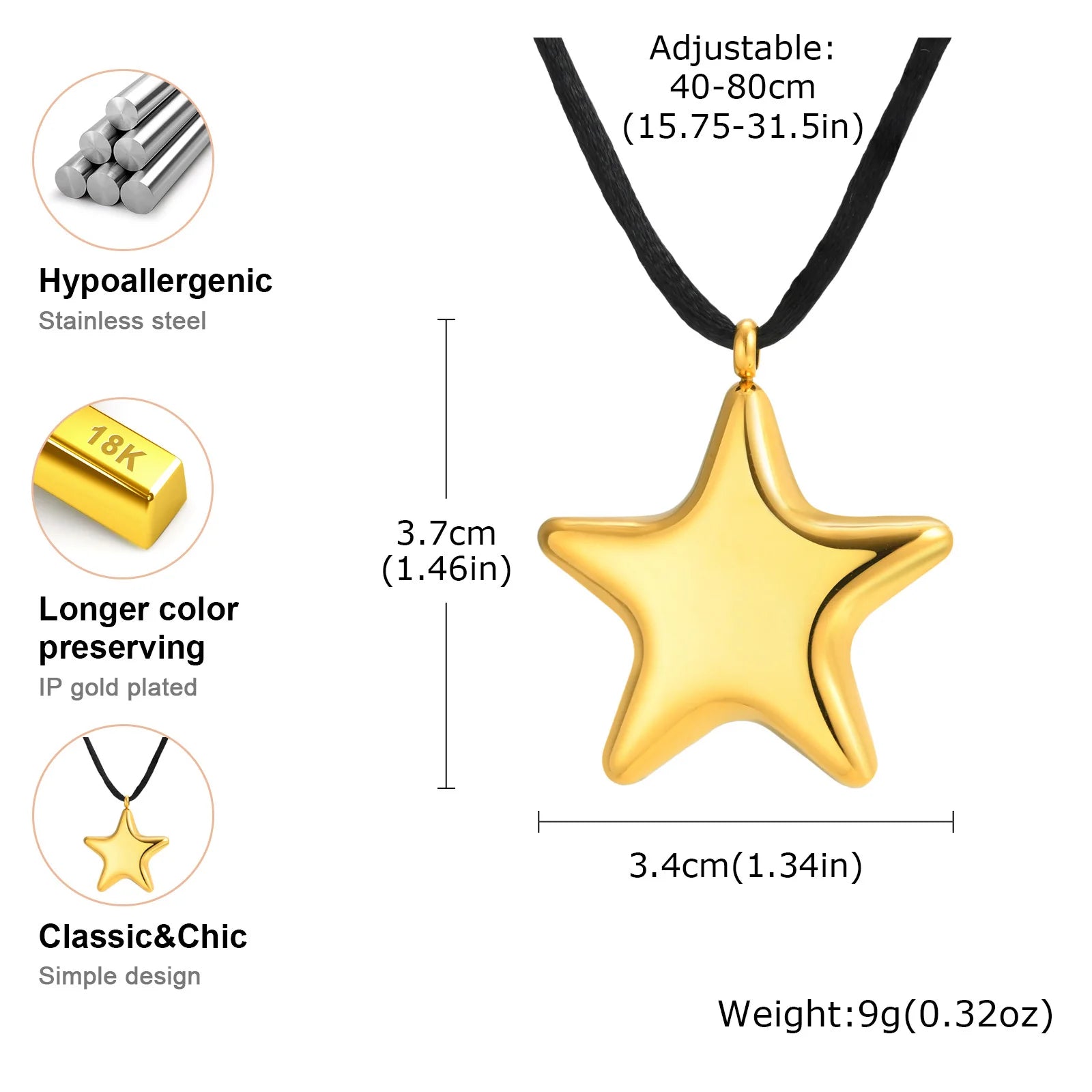 Vnox Chunky Stainless Steel Star Pendant Necklace For Women Simple Design Black Weave Rope Single Bright Jewelry Daily Wear