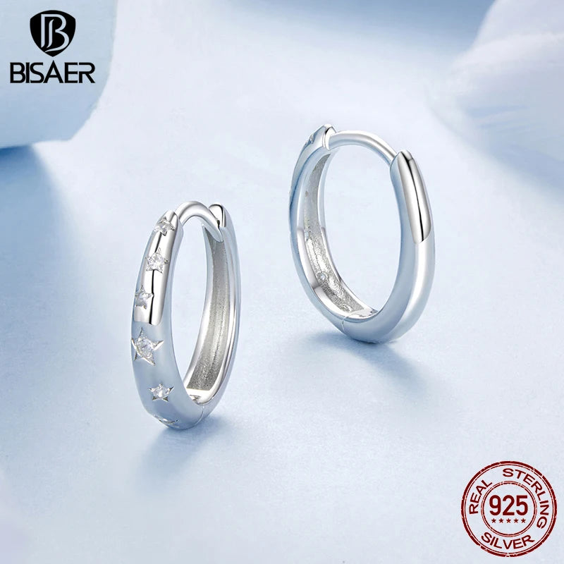 Boucles d'oreilles créoles en argent sterling 925 BISAER pour femme avec sertissage pavé et boucles en zircon plaqué or blanc