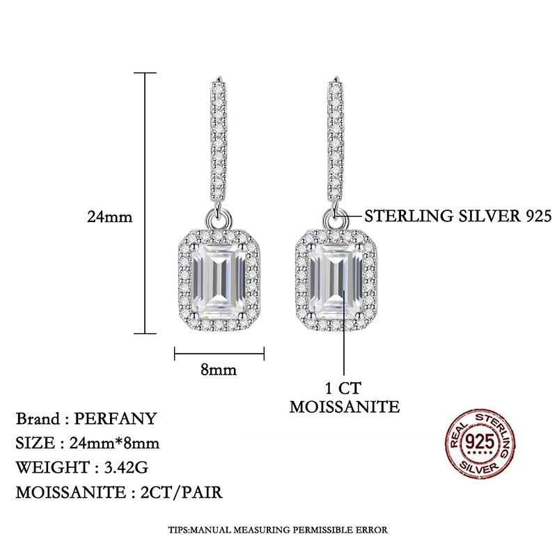 PERFANY Radiant Emerald Cut Moissanite Earrings for Women S925 Pure Silver Laboratory Cultivated Diamonds Luxury Wedding Jewelry