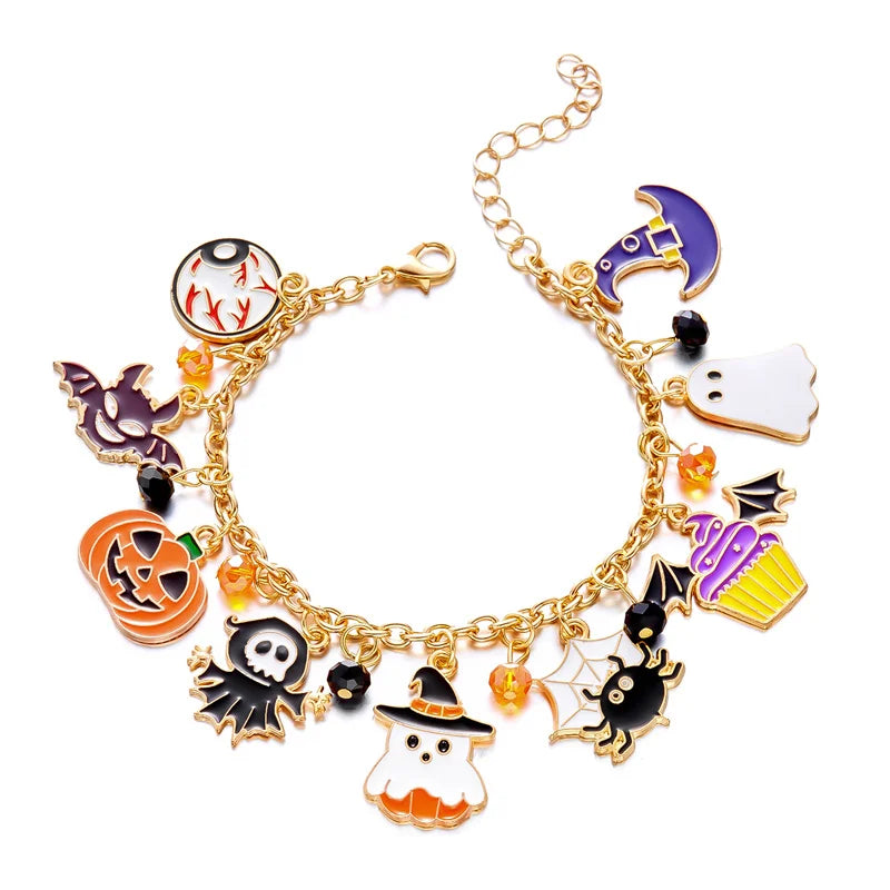 Halloween Funny Pumpkin Ghost Bracelet For Women Black Bat Spider Web Hat Metal Chain Bangles Hip Hop Punk Festival Jewelry Gift