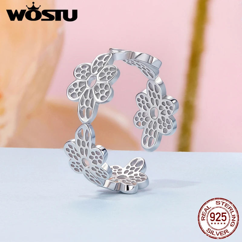 WOSTU 925 Sterling Silver Vintage Flower Opening Ring , Women Hollow Lace Flowers Adjustable Party Rings Statement Jewelry Gift