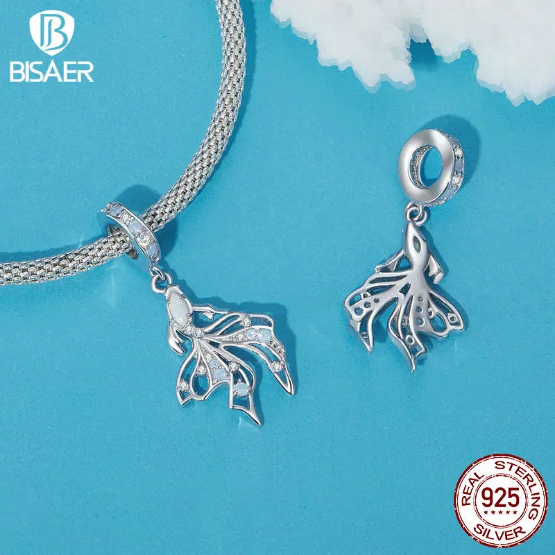 BISAER 925 Sterling Silber Fantasie Quallen Charm Bead Betta Fischschwanz Herz Anhänger Fit Frau Strand Party DIY Armband Schmuck