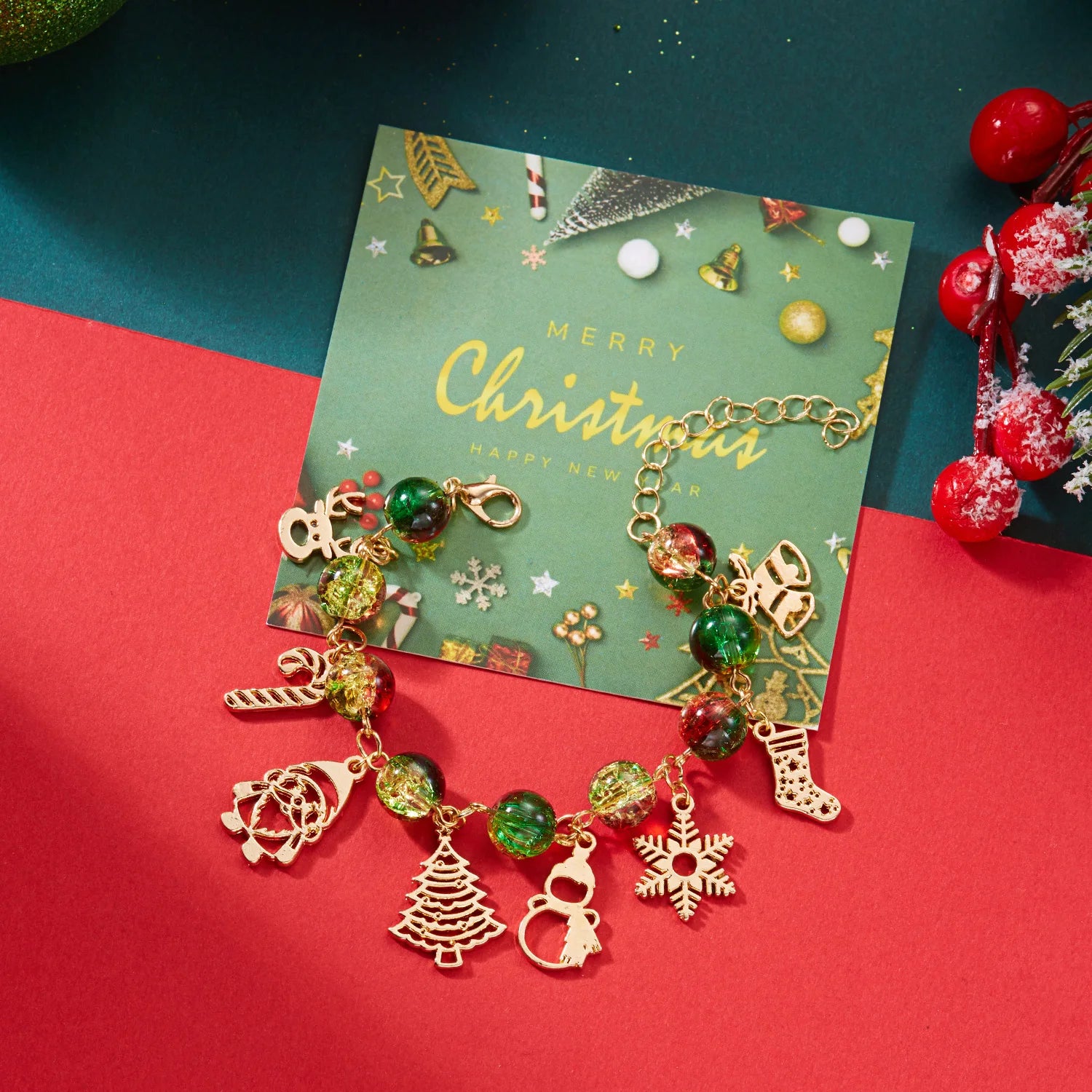 Christmas Colorful Crystal Beads Multi Element Pendant Bracelets for Women Santa Claus Snowflake Tree Elk Bracelet Party Jewelry