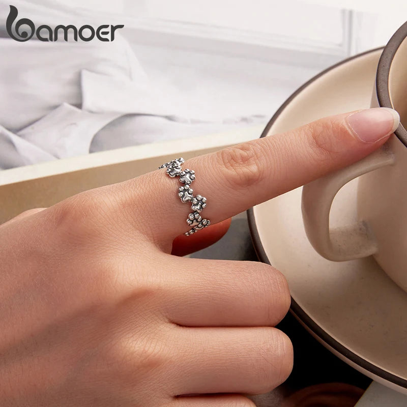 BAMOER 925 Sterling Silver Pet Paw Jewelry Set Lovely Dog Print Open Ring Mini Stud Earring Gift for Women Family Love Jewelry