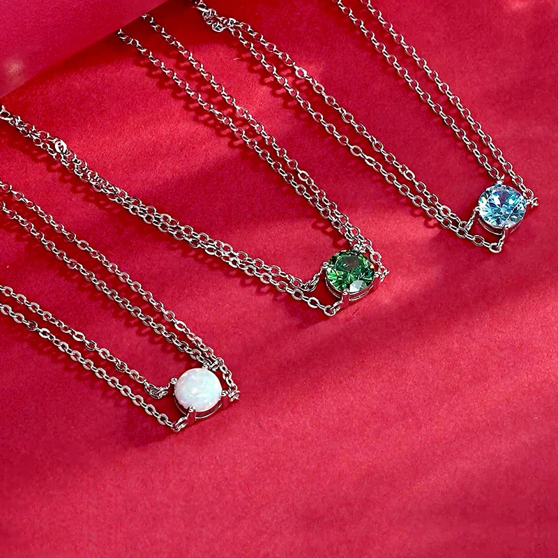 Fashion Women's Single Stone Double Chain Bracelet 6.5mm Round Month Birthday Stone Bracelet 925 Sterling Silver Jewelry Gift