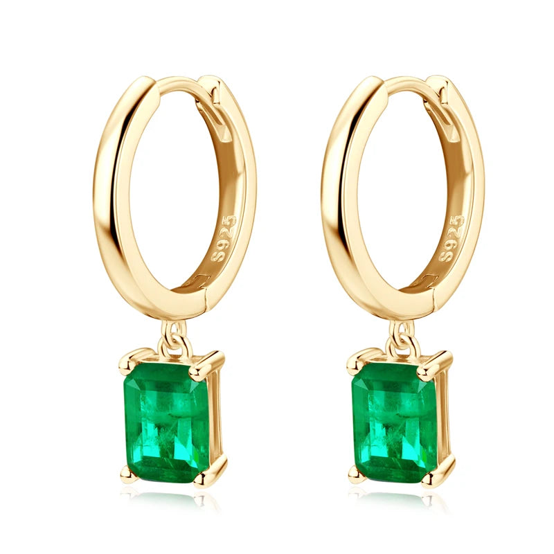 OXTAO 925 Sterling Silver 14K Gold Plated Gemstone Drop Hoop Earring Classic 7x5mm Emerald Earrings for Women Fine Jewelry Gift